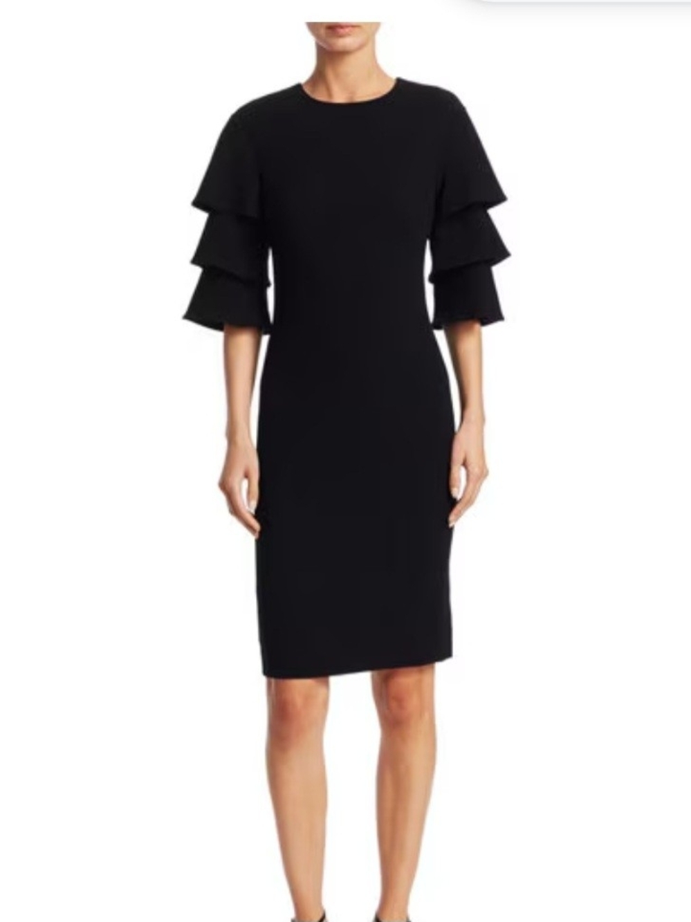 Teri Jon Black Tiered-Sleeve Midi Sheath Dress Sz 12